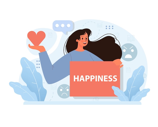 Vector mujer alegre expresando felicidad sosteniendo un corazón en medio de elementos digitales que contrastan emociones