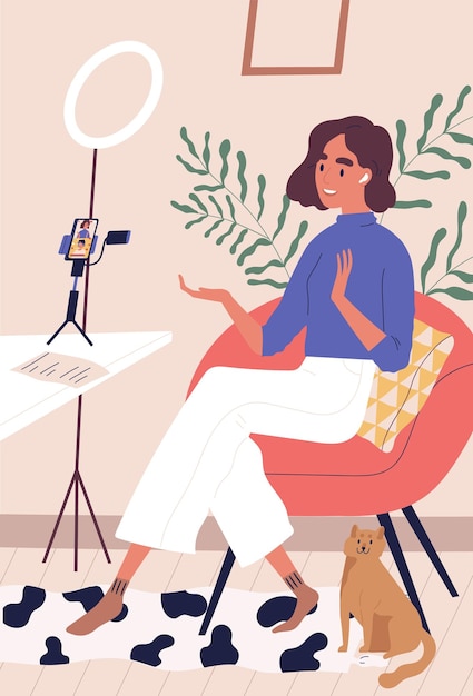 Una mujer alegre que habla en la transmisión en vivo usa una ilustración plana de vector de teléfono inteligente. Una bloguera con auriculares inalámbricos se comunica durante la transmisión en casa. Influenciador amigable en la transmisión en línea.
