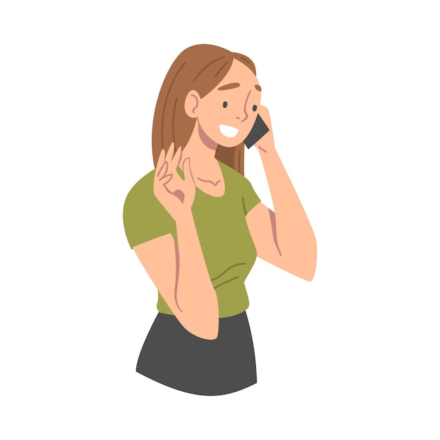 Mujer alegre recibiendo buenas nuevas hablando por teléfono y sonriendo felizmente Ilustración vectorial