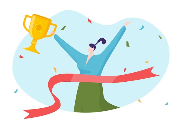 Mujer alegre sostener copa de oro ganar primer lugar concepto personaje femenino logro objetivo plano vector ilustración aislado en blanco
