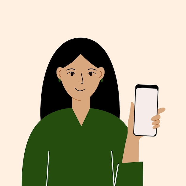 Vector mujer alegre con teléfono móvil, vista frontal. tomar fotografías, leer, charlar. adicción a teléfonos inteligentes e internet.