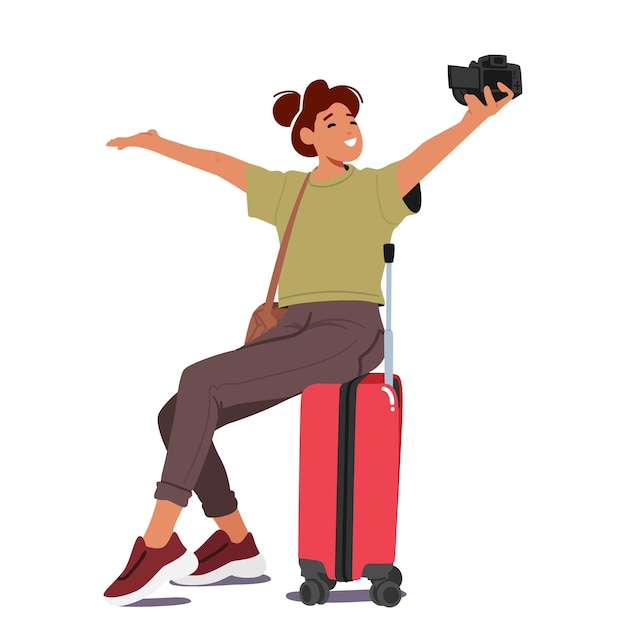 Vector mujer alegre tomando un selfie sentada en su maleta de equipaje documentando el viaje con estilo personaje femenino