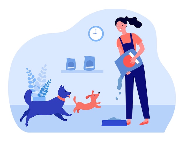 Mujer alimentando mascotas. Voluntario esparciendo comida para perros en un tazón. Ilustración vectorial plana