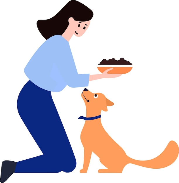 una mujer alimentando a su perro en estilo plano aislado en el fondo