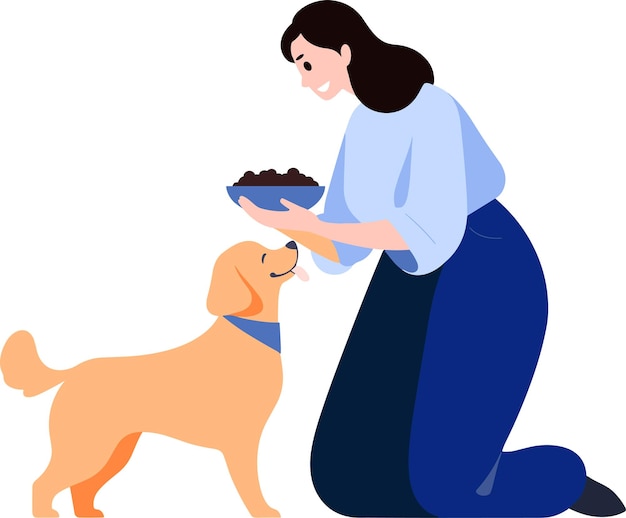 una mujer alimentando a su perro en estilo plano aislado en el fondo