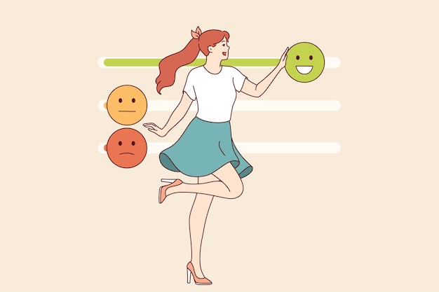 Mujer con alta inteligencia emocional controla su propio comportamiento y mueve los deslizadores de emoji