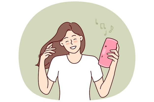 Mujer con altavoz portátil inalámbrico sonriendo disfrutando de música rítmica a todo volumen de la banda de rock favorita