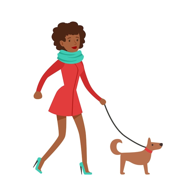 mujer, ama de casa, paseando, un, perro, con, un, correa, clásico, hogar, deber, de, stayathome, esposa, ilustración
