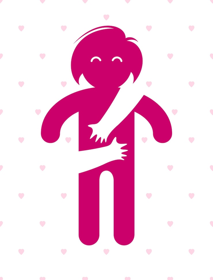 Vector mujer amada con manos cuidadosas de un amante o amigo abrazándola desde detrás del logotipo o ilustración del icono vectorial en estilo simbólico simplista