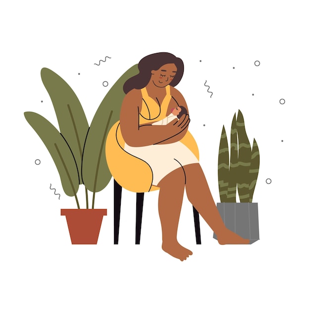 La mujer está amamantando a un bebé mientras está sentada en una silla alrededor de las plantas de la casa las madres jóvenes alimentan a los niños concepto de alimentación natural de la maternidad feliz estilo plano en ilustración vectorial