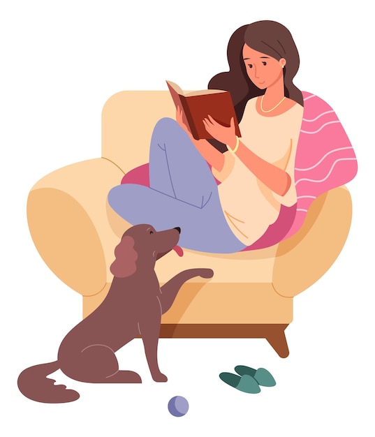 Mujer amante de los libros lee un divertido libro de ficción Descanso en casa