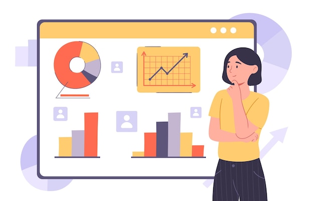 Mujer con análisis web chica joven mirar gráficos y diagramas gráficos visualización de datos y