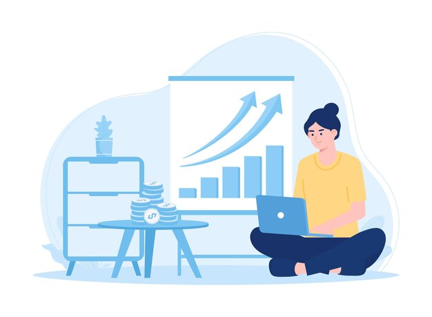 Una mujer analiza un gráfico de mejora tendencia concepto ilustración plana