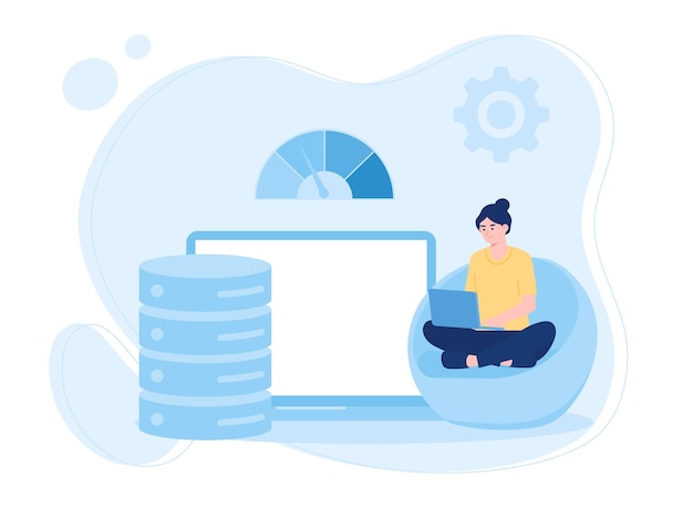 una mujer analizando bases de datos e informes estadísticos concepto ilustración plana