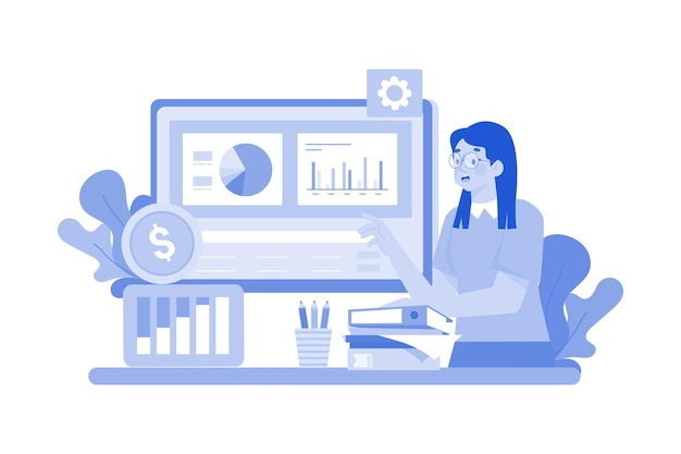 Mujer analizando el concepto de ilustración financiera sobre fondo blanco