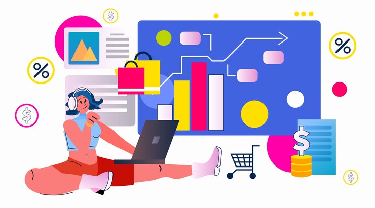 Vector mujer analizando el cuadro de presupuesto personal en el concepto de contabilidad de análisis de datos de portátiles