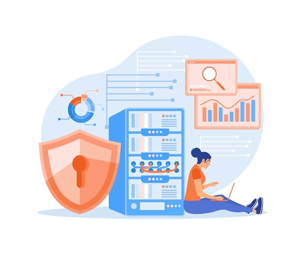 Mujer analizando datos en el servidor Analizar información digital y crear informes para la optimización Concepto de base de datos Ilustración vectorial plana