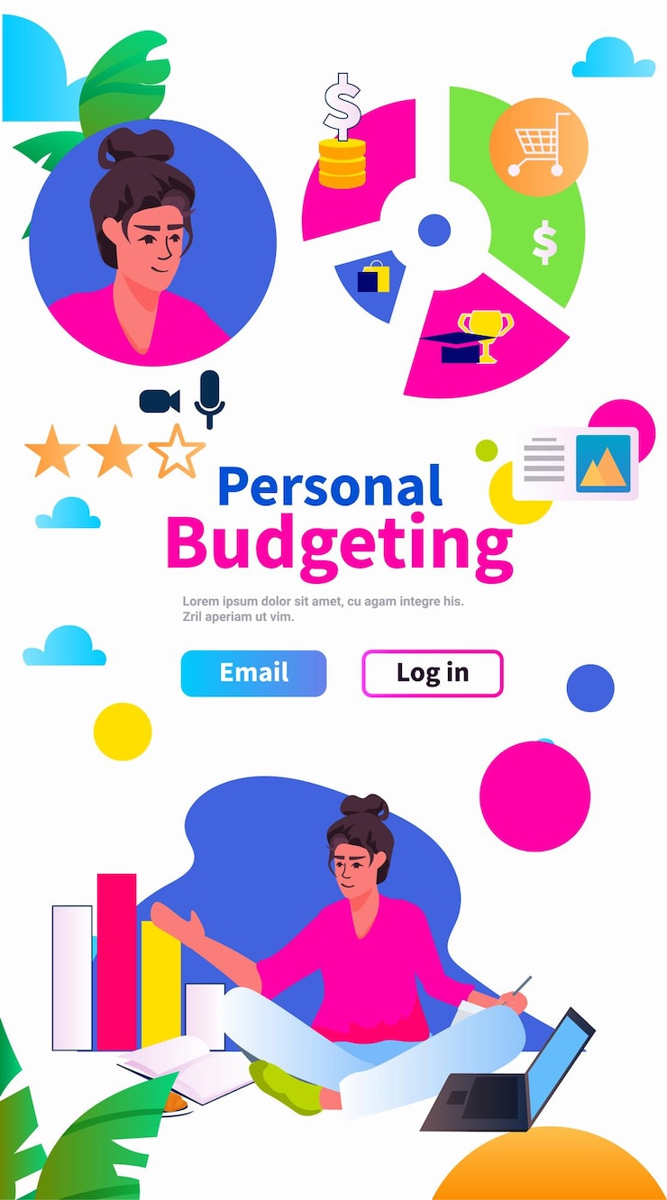 Vector mujer analizando el gráfico de presupuesto personal en el concepto de contabilidad de análisis de datos de portátiles vertical