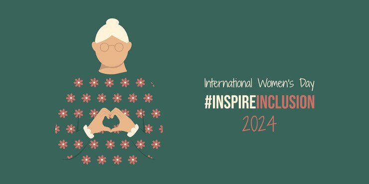 Mujer anciana en la bandera del Día Internacional de la Mujer 2024 IWD InspireInclusion diseño horizontal con la mujer muestra la forma del corazón con las manos estilo sin rostro minimalista de la campaña social Inspire Inclusion