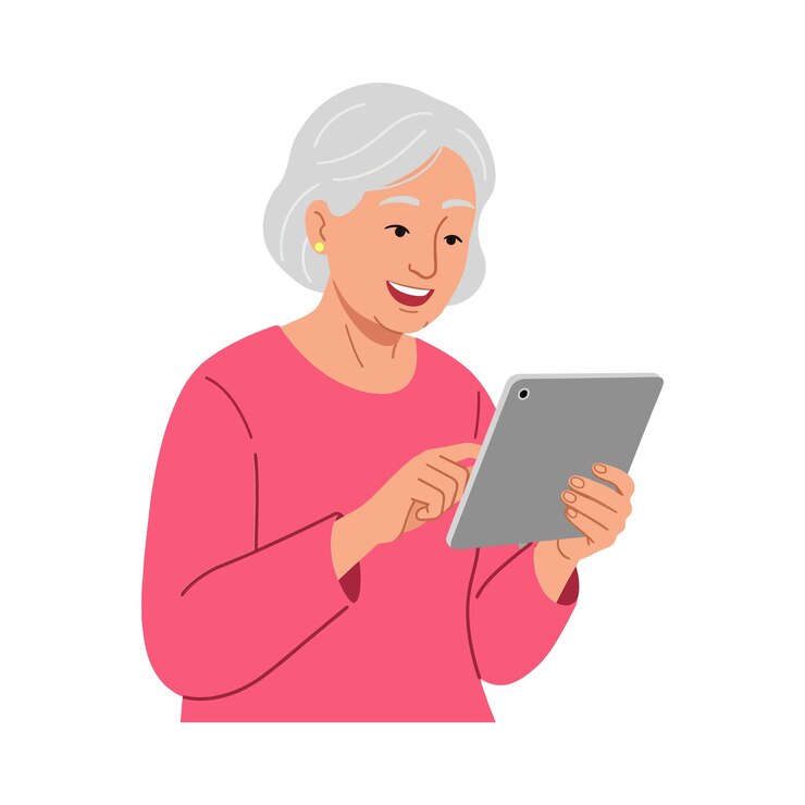 Vector mujer anciana con cabello blanco corto usando alegremente una tableta en una ilustración vectorial plana que muestra la interacción de la tecnología y los colores vibrantes en un ambiente amistoso de arte vectorial