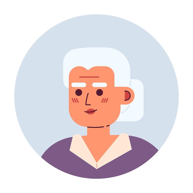 Mujer anciana de cabello plateado cabeza de personaje vectorial semi plana abuela con peinado de peluche icono de avatar de dibujos animados editable emoción facial ilustración de puntos coloridos para animación de diseño gráfico web