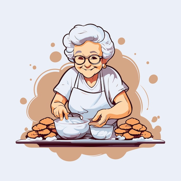 Vector mujer anciana cocinando en la cocina ilustración vectorial al estilo de dibujos animados