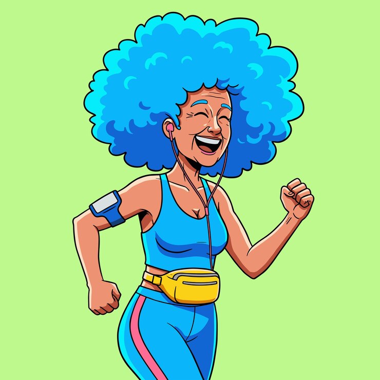 Mujer anciana corriendo con una sonrisa fitness y ejercicio