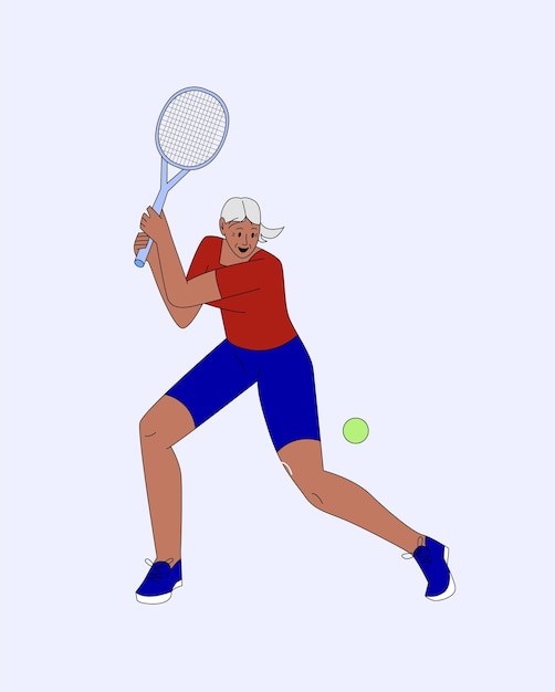 Mujer anciana jugando al tenis Ilustración vectorial de un atleta anciano activo sosteniendo una raqueta