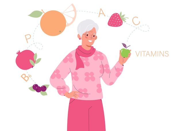 Vector mujer anciana con una manzana en la mano estilo de vida saludable para los ancianos