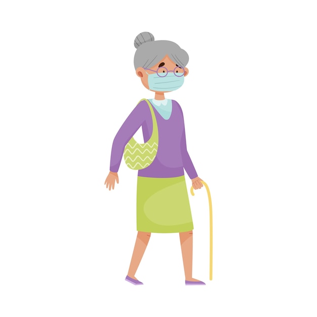 Mujer anciana con máscara de protección caminando a lo largo de la calle Ilustración vectorial
