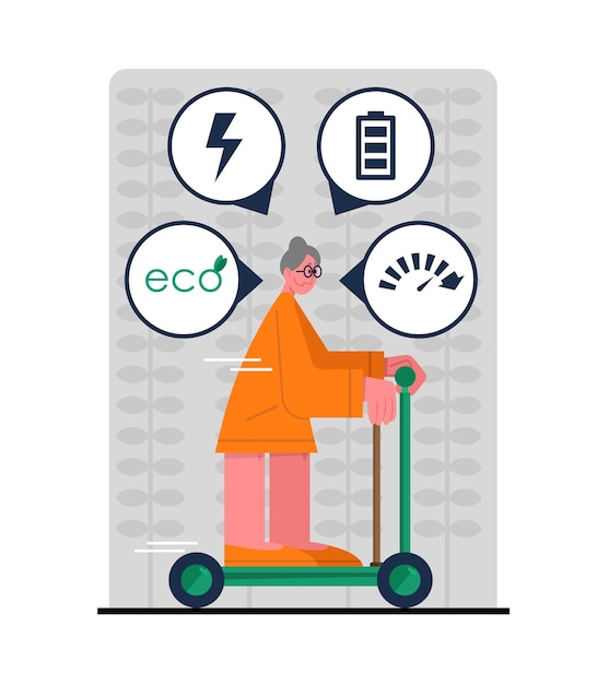 Mujer anciana montando scooter eléctrico en la ciudad utilizando transporte urbano ecológico reducción del consumo mundial de energía clasificación de la compañía de servicios de alquiler de vehículos contemporáneos ilustración de vector plano
