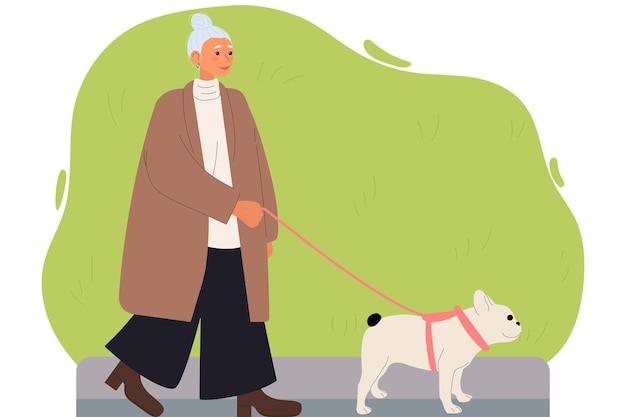 Mujer anciana paseando con un perro Bulldog francés Ilustración vectorial de Flar
