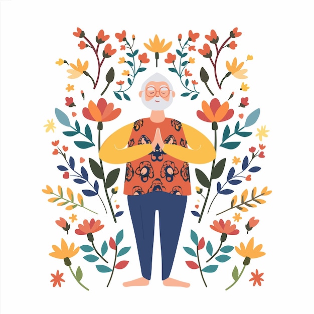 Mujer anciana practicando meditación rodeada de flores Personaje femenino anciano postura de yoga