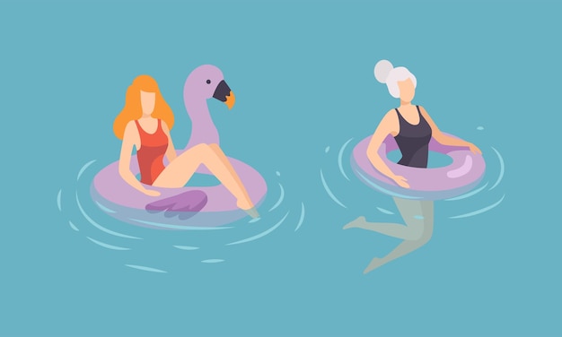 Mujer con anillo de goma flotando en el conjunto vectorial de agua de mar azul