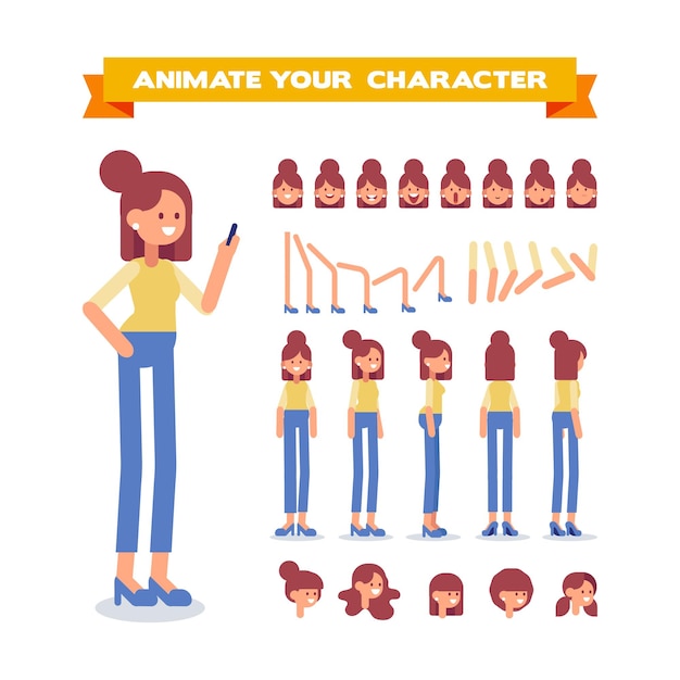 Vector mujer para animación diversos peinados emociones y gestos vista frontal lateral trasera