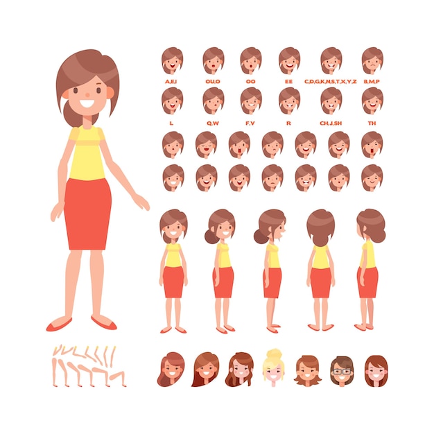 Mujer para animación Diversos peinados emociones y gestos Vista frontal lateral trasera