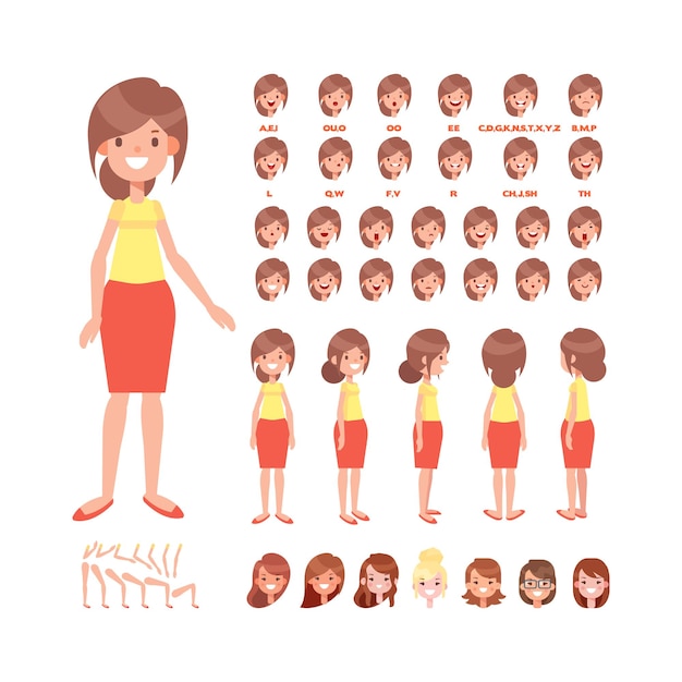 Mujer para animación diversos peinados emociones y gestos vista frontal lateral trasera