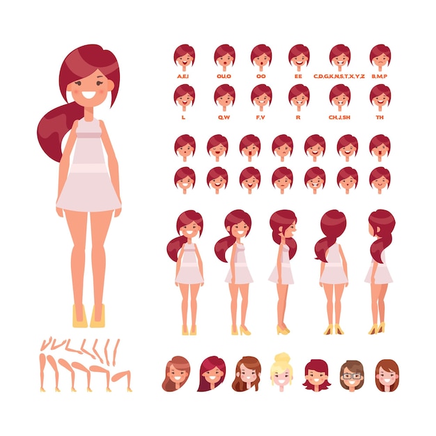 Mujer para animación con varios peinados, emociones, sincronización de labios y gestos.