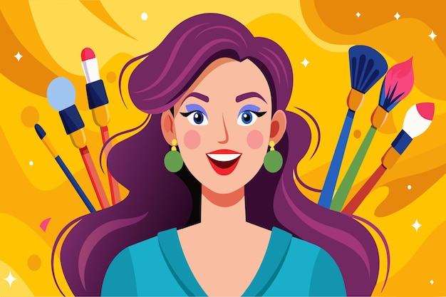 Vector mujer animada con pinceles que irradian creatividad y alegría