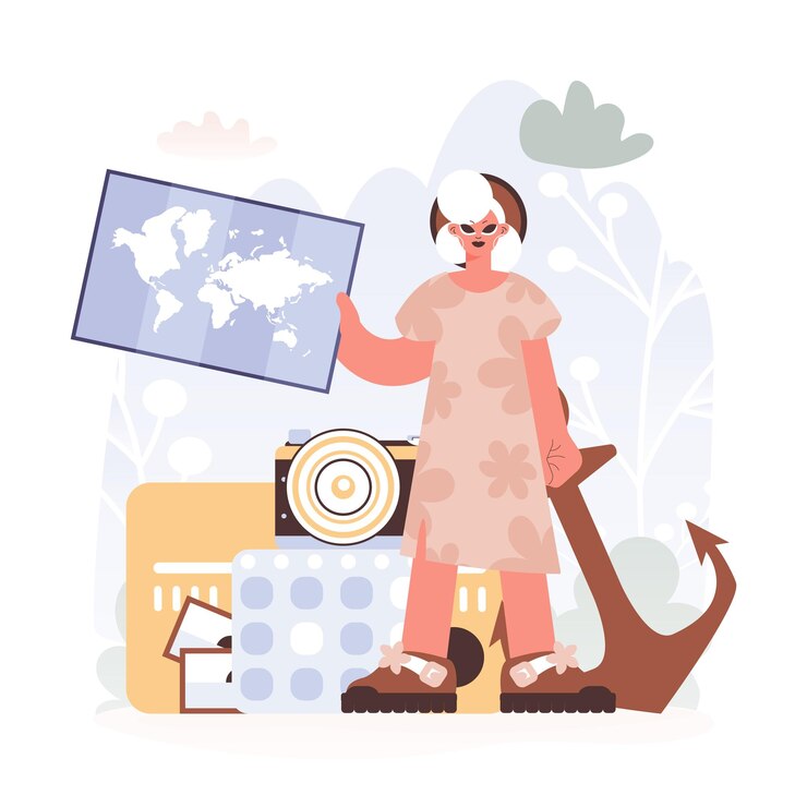 Vector mujer animada sosteniendo un gráfico descubriendo horizontes no utilizados entendiendo la afiliación de viajar y el encanto de mirar el mundo