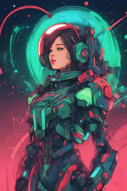 Vector mujer de anime con un casco cyberpunk en colores neón