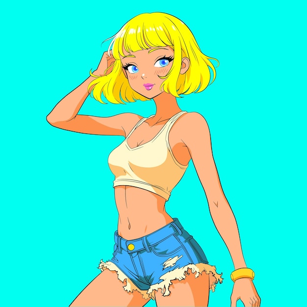 Mujer de anime con ojos azules y cabello rubio con ropa de verano