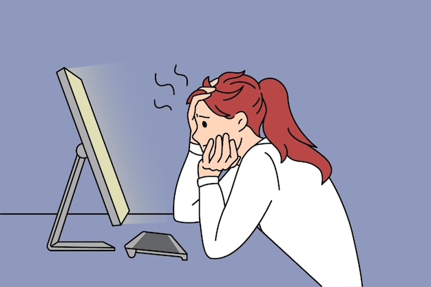 Mujer ansiosa trabaja en línea en la computadora estresada por la fecha límite. chica preocupada ocupada en el estudio de la pc se prepara para el examen en la web. la mujer tiene problemas con el dispositivo. spam, concepto de virus. ilustración vectorial.