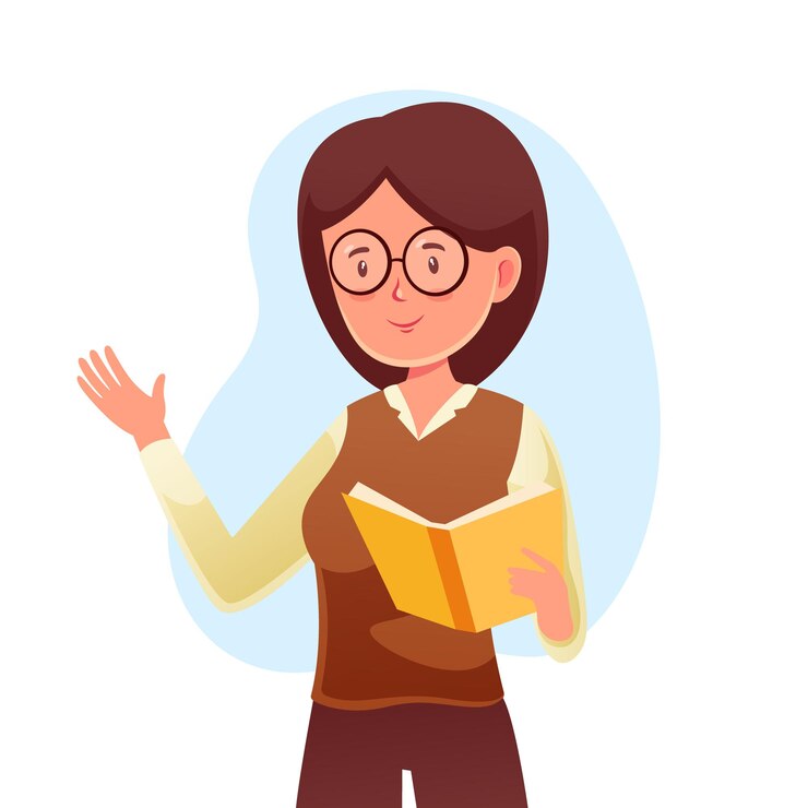 Vector una mujer con anteojos leyendo un libro y levantando la mano