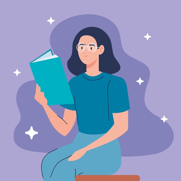 Vector mujer con anteojos leyendo libro de texto personaje sentado