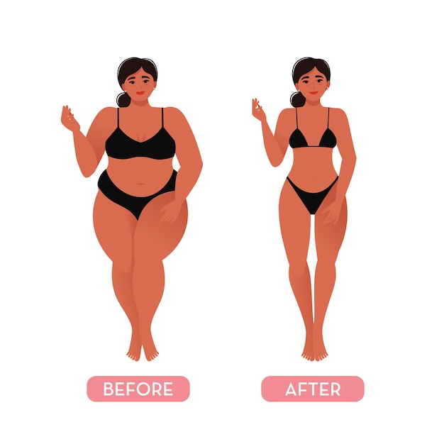 Mujer antes y después de la dieta deportiva chica gorda y delgada ilustración de vector plano