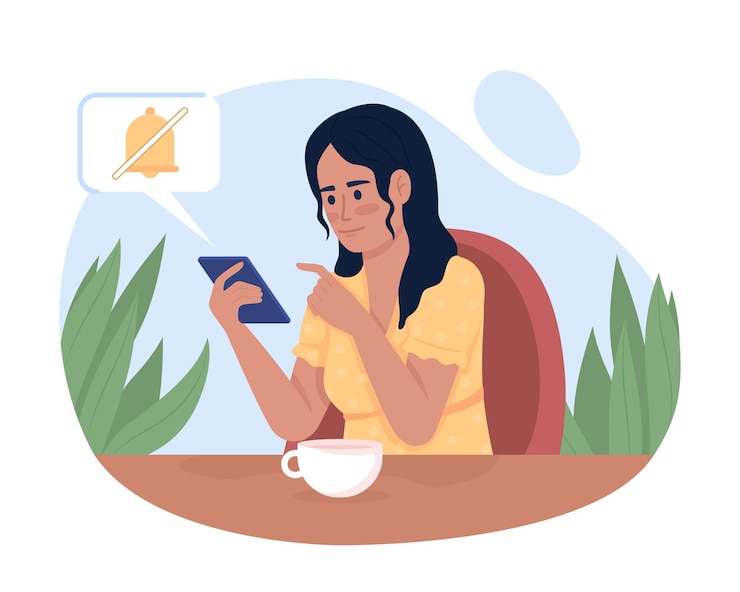 Vector mujer apagando notificaciones en teléfono 2d vector ilustración aislada