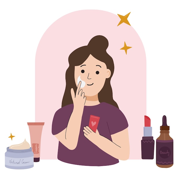 La mujer se aplica una crema en la cara Conceptos de maquillaje para el cuidado de la piel