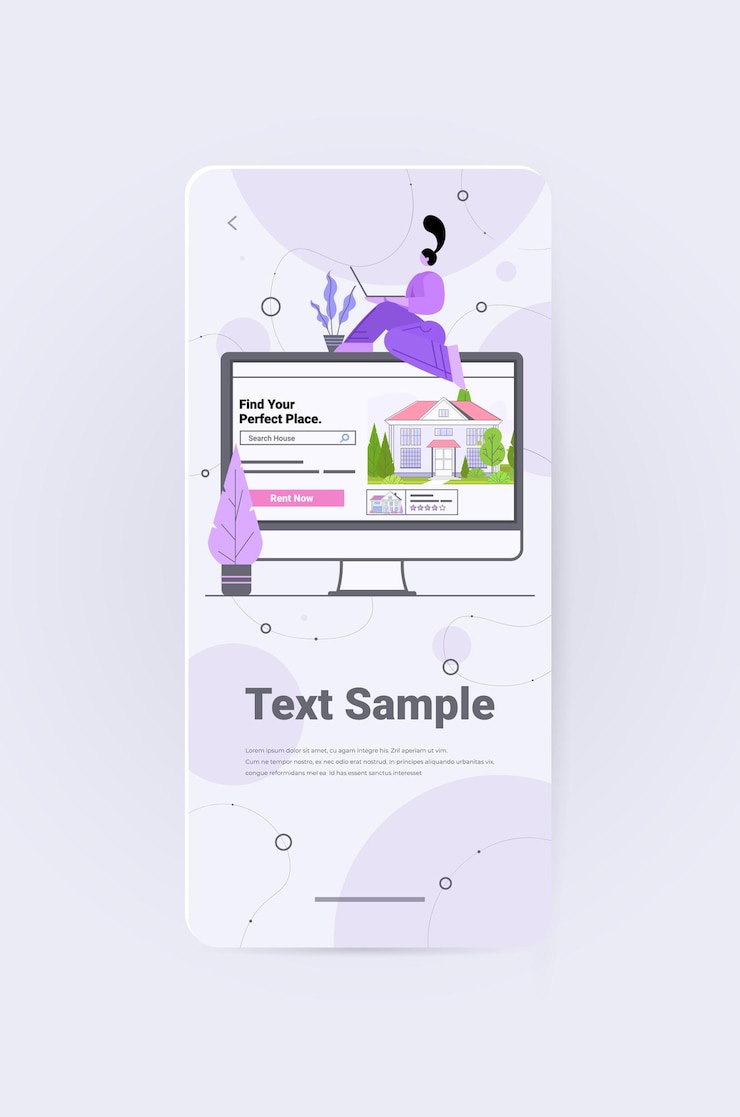 Vector mujer con aplicación de computadora para buscar casas para alquilar o comprar en línea concepto de gestión de propiedades inmobiliarias espacio de copia vertical de longitud completa