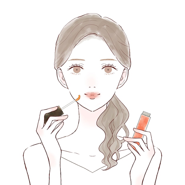 Mujer aplicando brillo de labios. Sobre un fondo blanco.